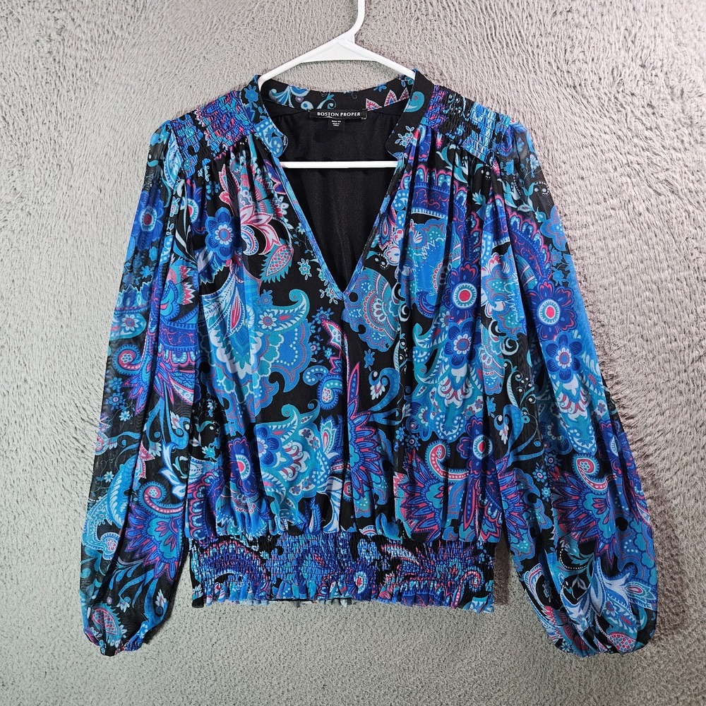 Boston Proper Top Women‎ XS Elastic Waist Lined Long Sleeve Stretch Blue Black